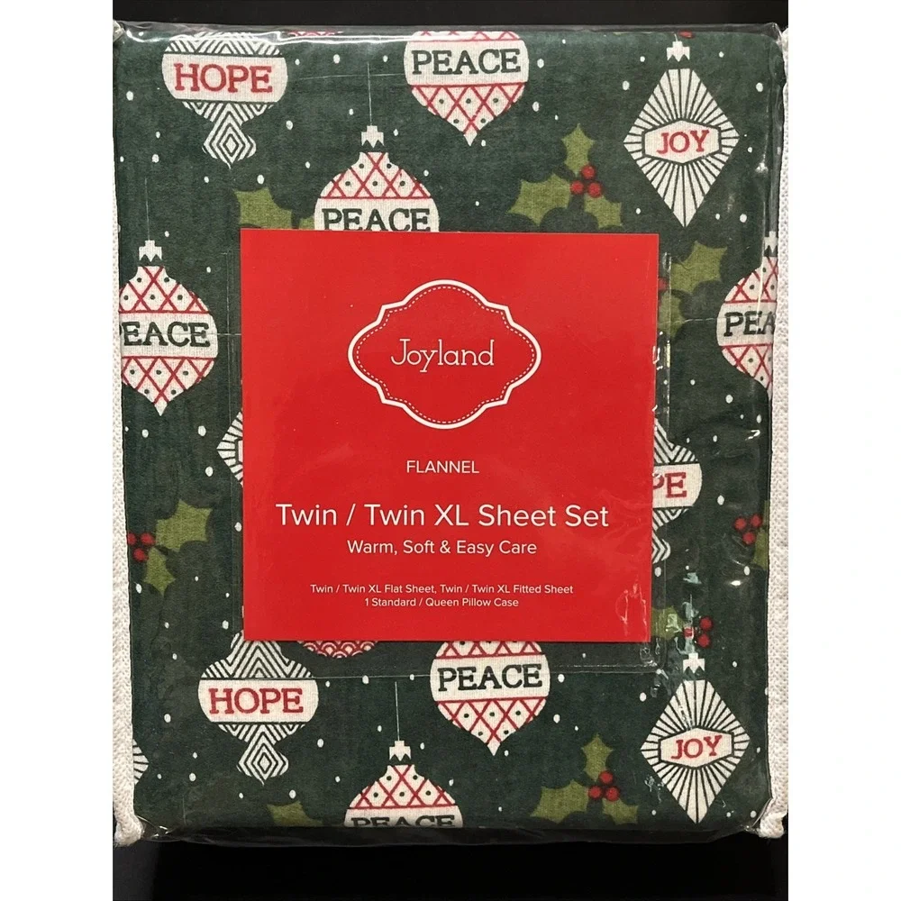 Joyland Flannel Twin/Twin XL Sheet Set Green Peace Joy Hope Christmas New